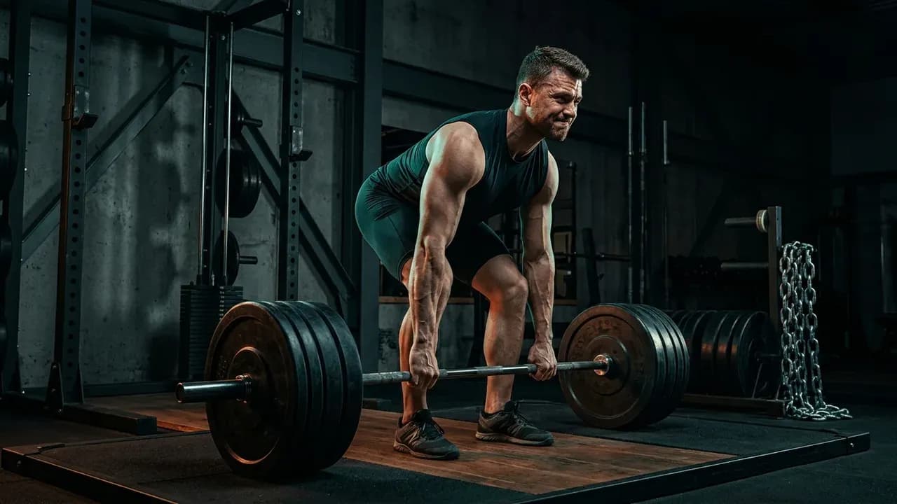 a male lifter gripping a heavily loaded barbell on a deadlift platform inside an industrial gym