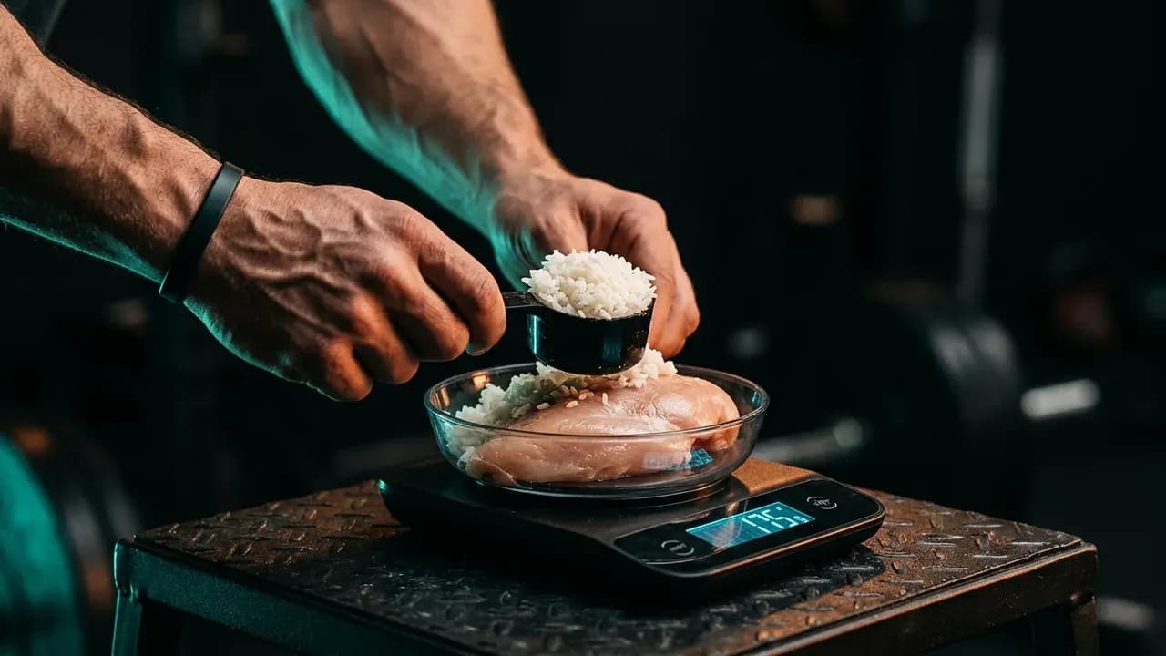 a close-up shot of hands measuring out white rice and lean chicken on a digital food scale