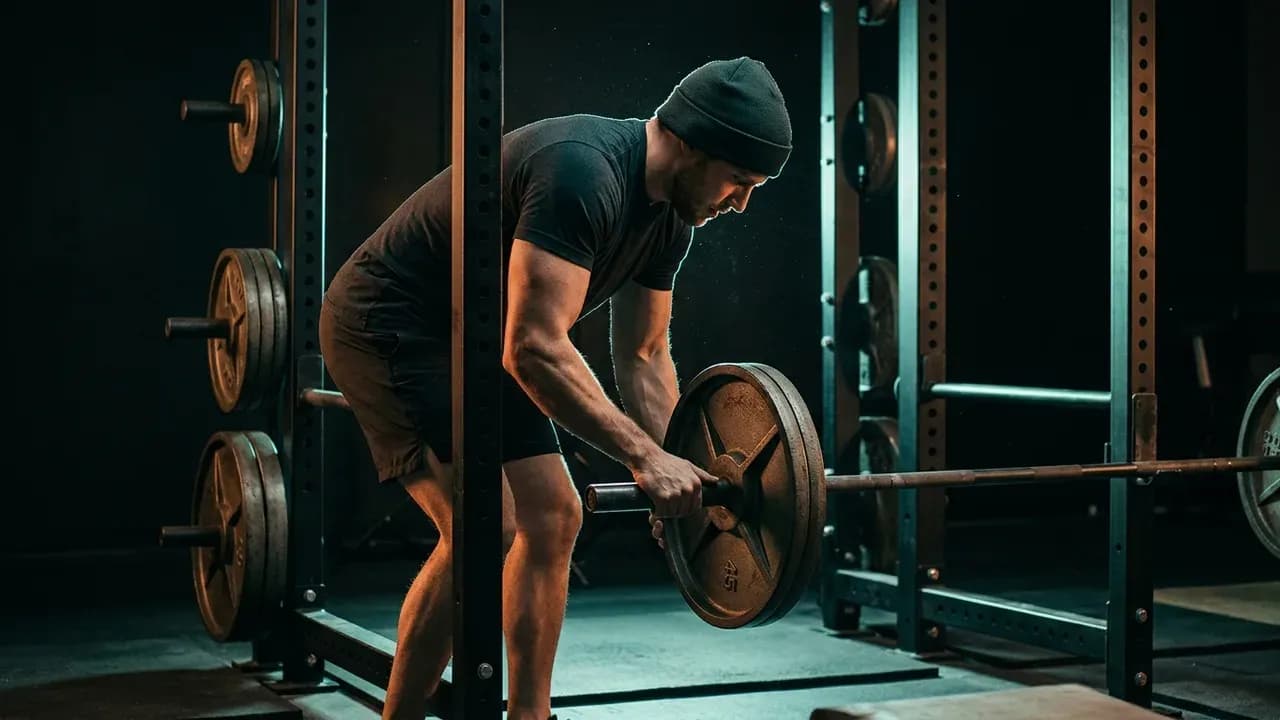 a lifter loading heavy iron plates onto a barbell inside a power rack