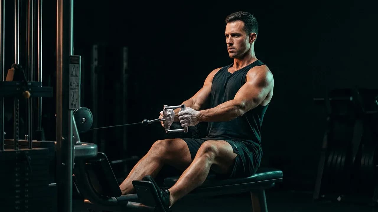 a lifter performing a cable seated row with chalked hands and strict posture