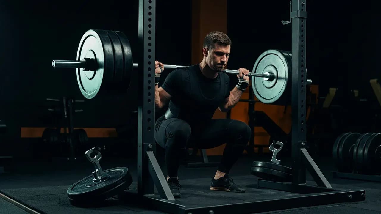 a powerlifter wearing wrist wraps lowering a heavy barbell on a squat rack with weight releaser hooks resting on the floor
