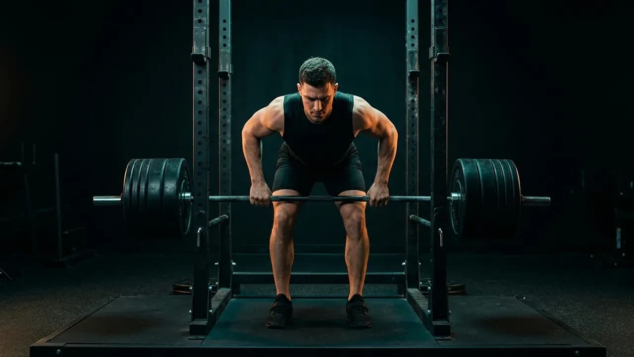 a male athlete performing a heavy barbell bent-over row in a power rack with high technical precision