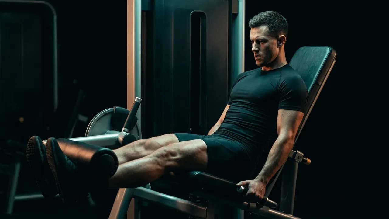 a lifter mid-rep on a seated leg extension machine with seat backrest angled backwards