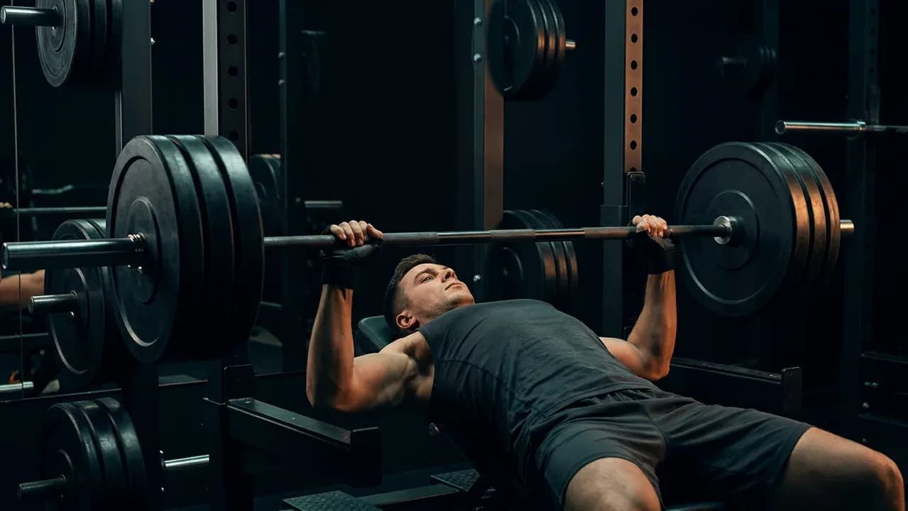 a trained male athlete preparing for a heavy barbell bench press in a modern strength gym