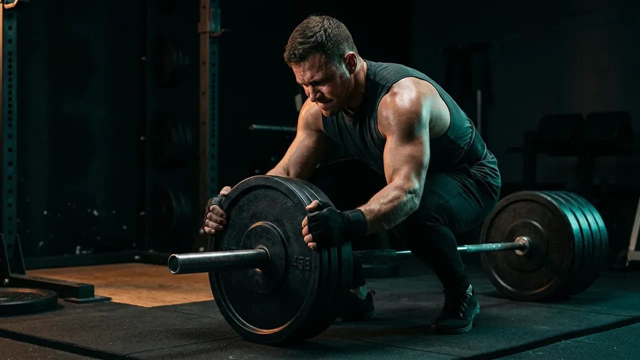 a muscular lifter loading heavy weight plates onto a barbell for a deadlift session