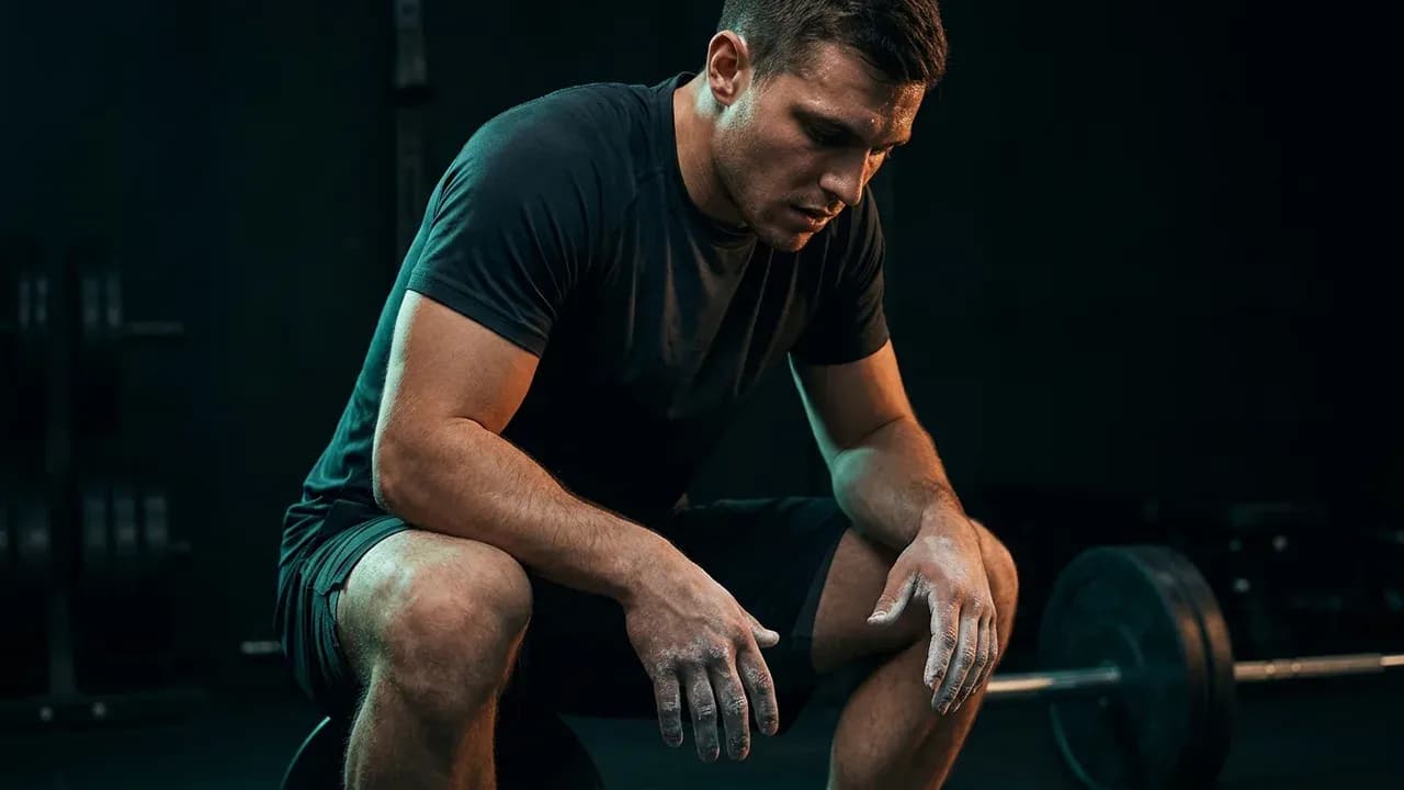 a male lifter resting between heavy sets of deadlifts with chalked hands on his knees
