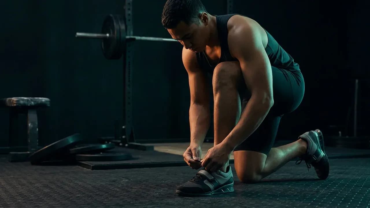 a weightlifter tying lifting shoes in a gym before a heavy back squat session