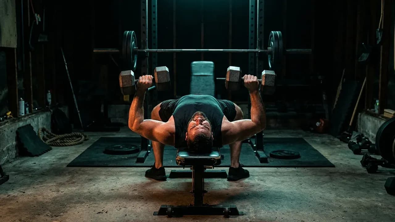 A lifter performing heavy dumbbell bench presses in a dimly lit home garage gym with a single rack and barbell