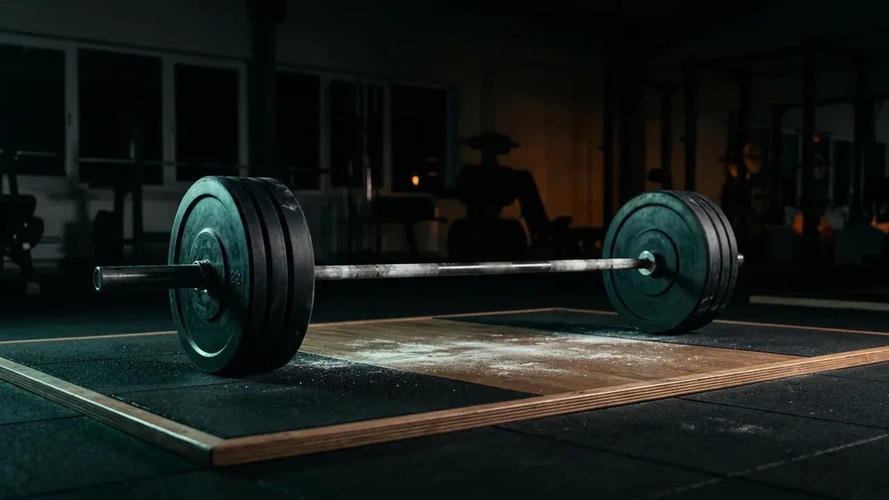 A chalked barbell resting on a lifting platform loaded with black bumper plates in an empty gym early in the morning