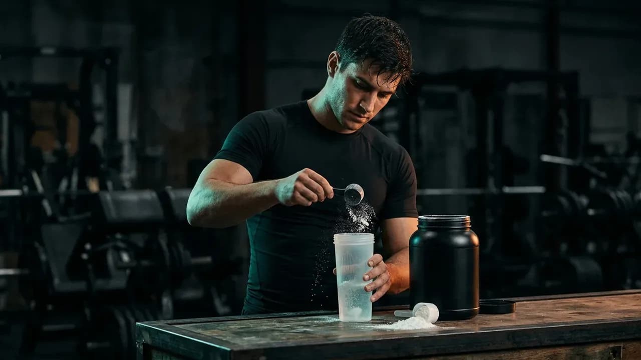 a male athlete mixing high-glycemic carbohydrate powder and white creatine into a shaker bottle in a gym