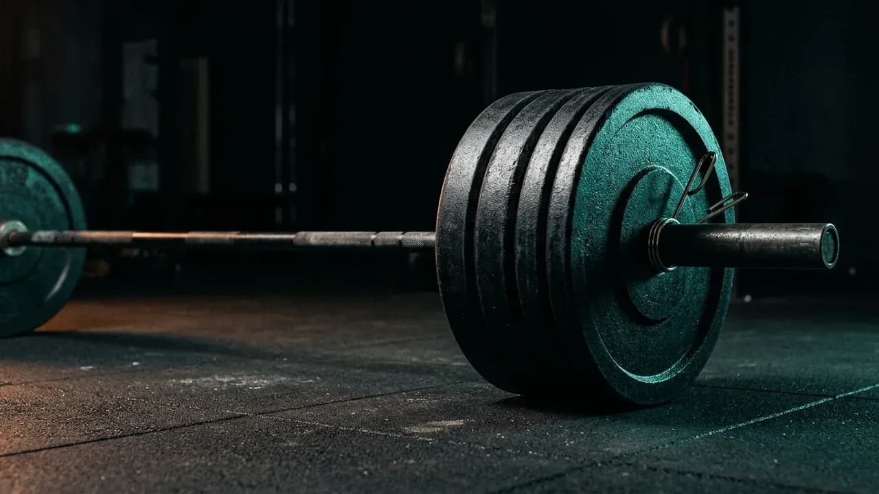 a close-up of a barbell loaded with heavy iron plates sitting on a rubber gym floor