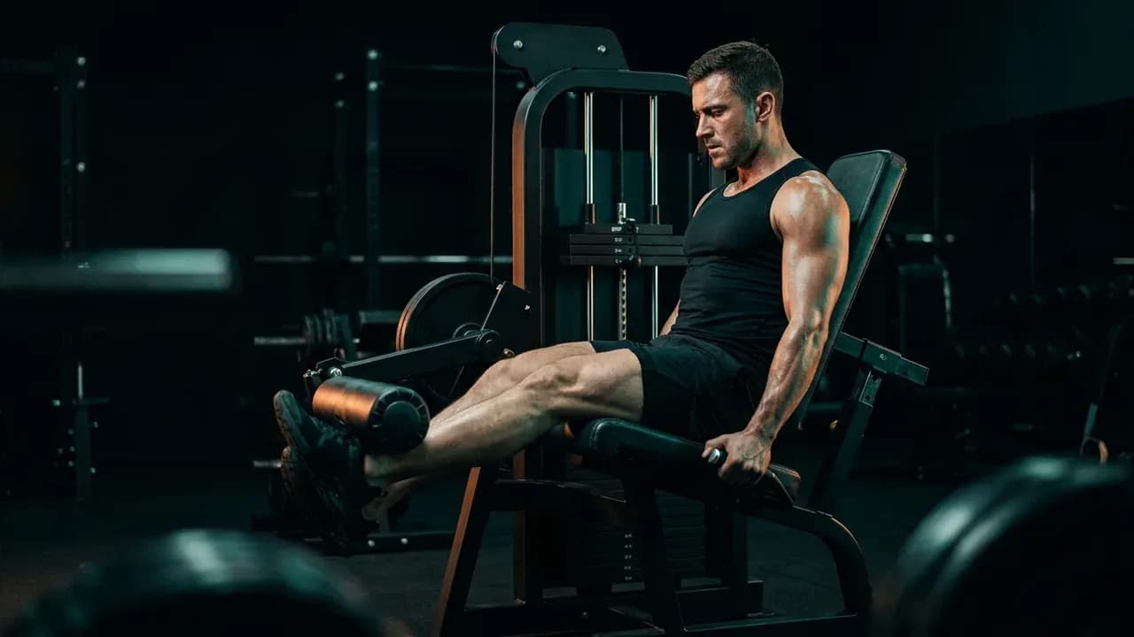 A gym lifter performing a heavy unilateral single-leg eccentric leg extension on a selectorized gym machine