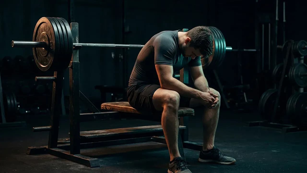 a lifter sitting on a wooden bench in a gym, head down between heavy barbell sets