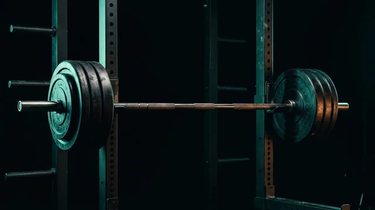 a close-up of a loaded barbell in a power rack inside an empty strength facility