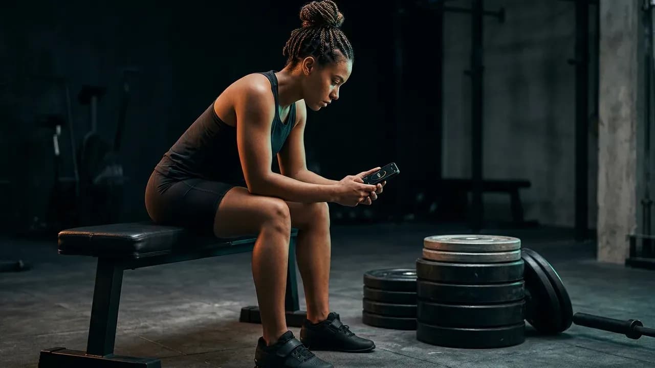 an athlete sitting on a weight bench staring at a smartphone timer with heavy barbell plates stacked nearby