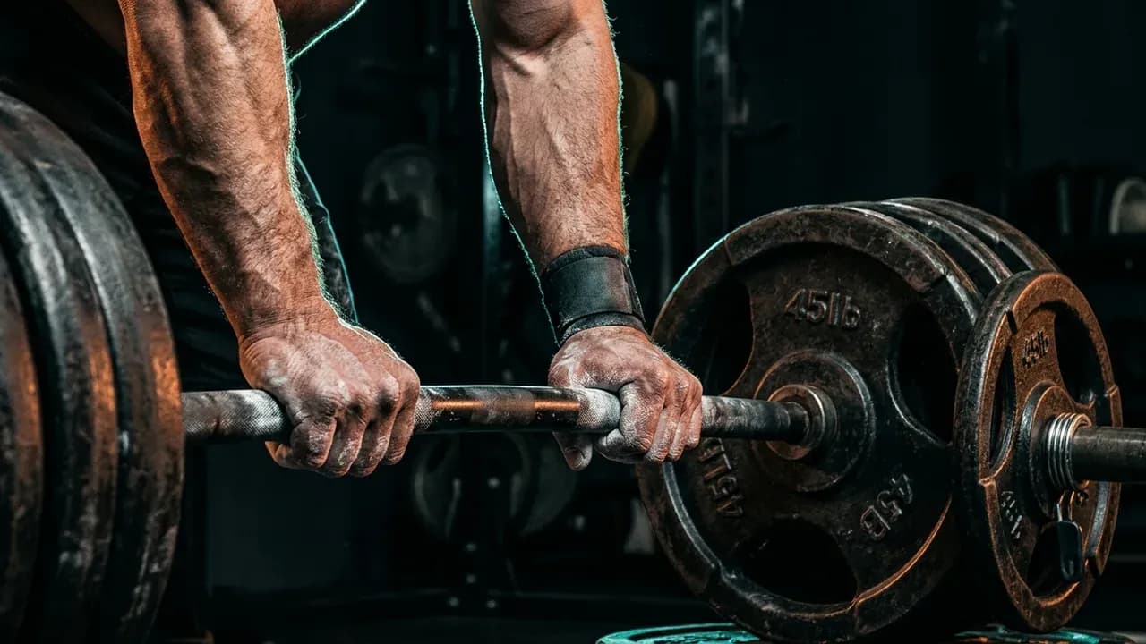 a close-up shot of a weightlifter's chalked hands resting on a heavily loaded barbell before a deadlift