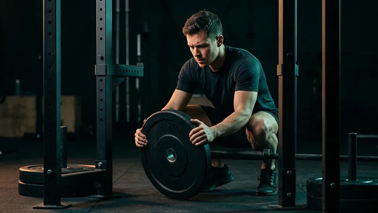 a focused athlete preparing plates on a gym floor next to a power rack