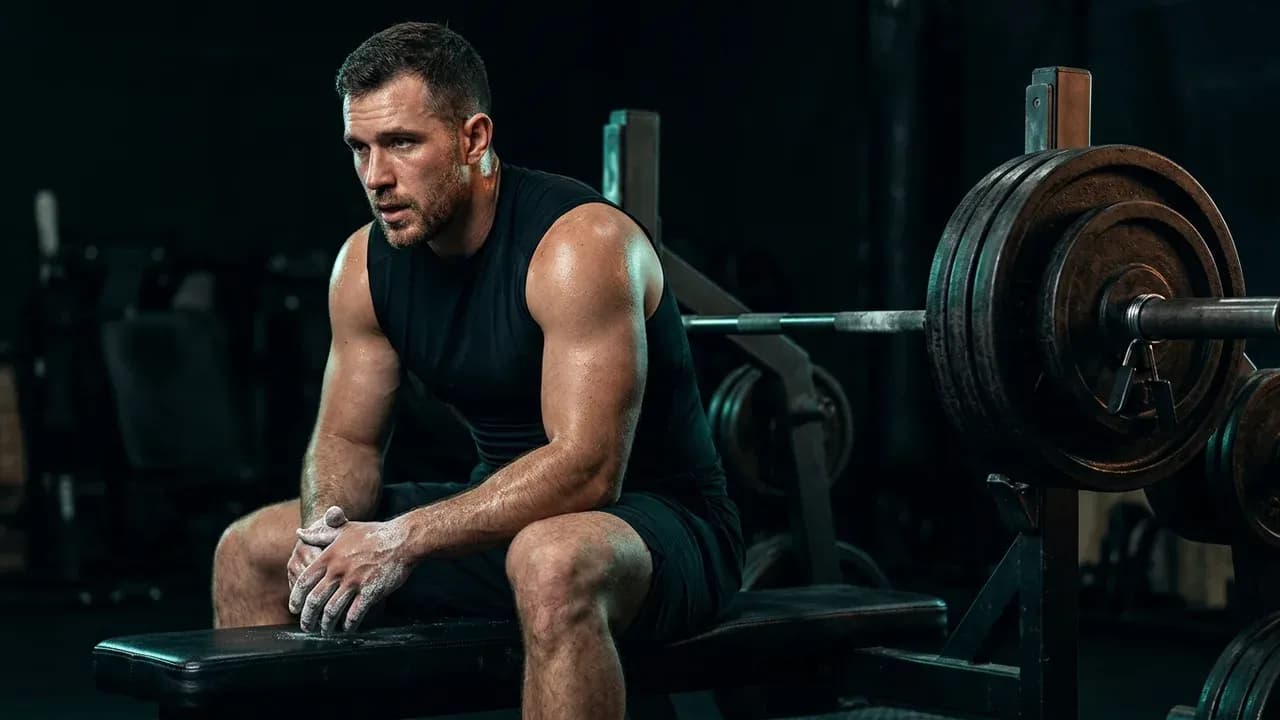 A male athlete resting on a bench press between heavy working sets, hands coated in chalk beside a barbell loaded with iron plates
