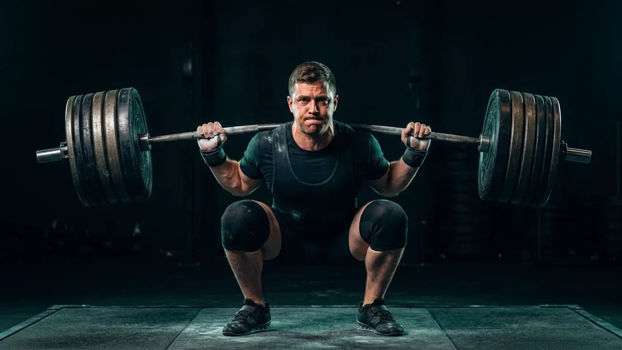 A powerlifter in the bottom position of a low-bar back squat with a bent barbell under heavy load