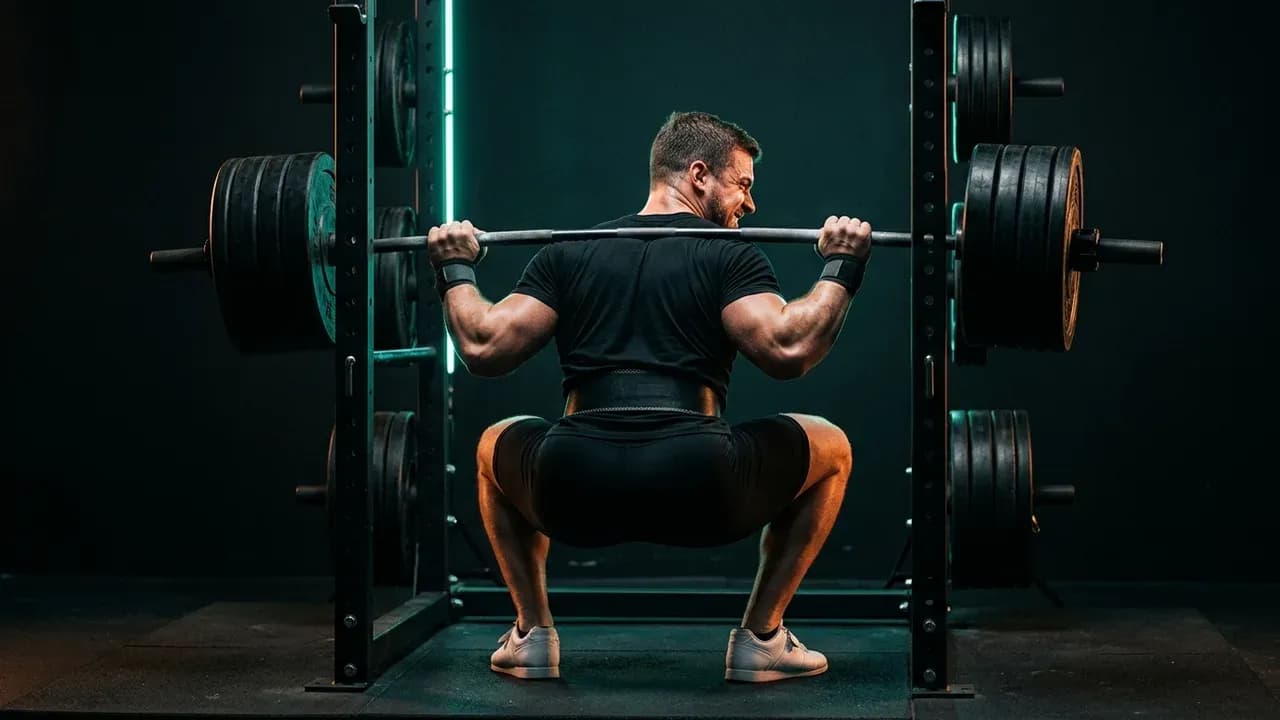 a heavy loaded barbell resting on a lifter's upper back during a deep squat inside a power rack