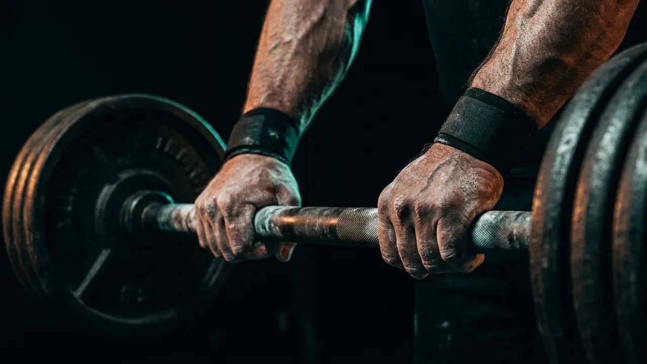 a close-up of a powerlifter gripping a heavily knurled barbell with chalked hands