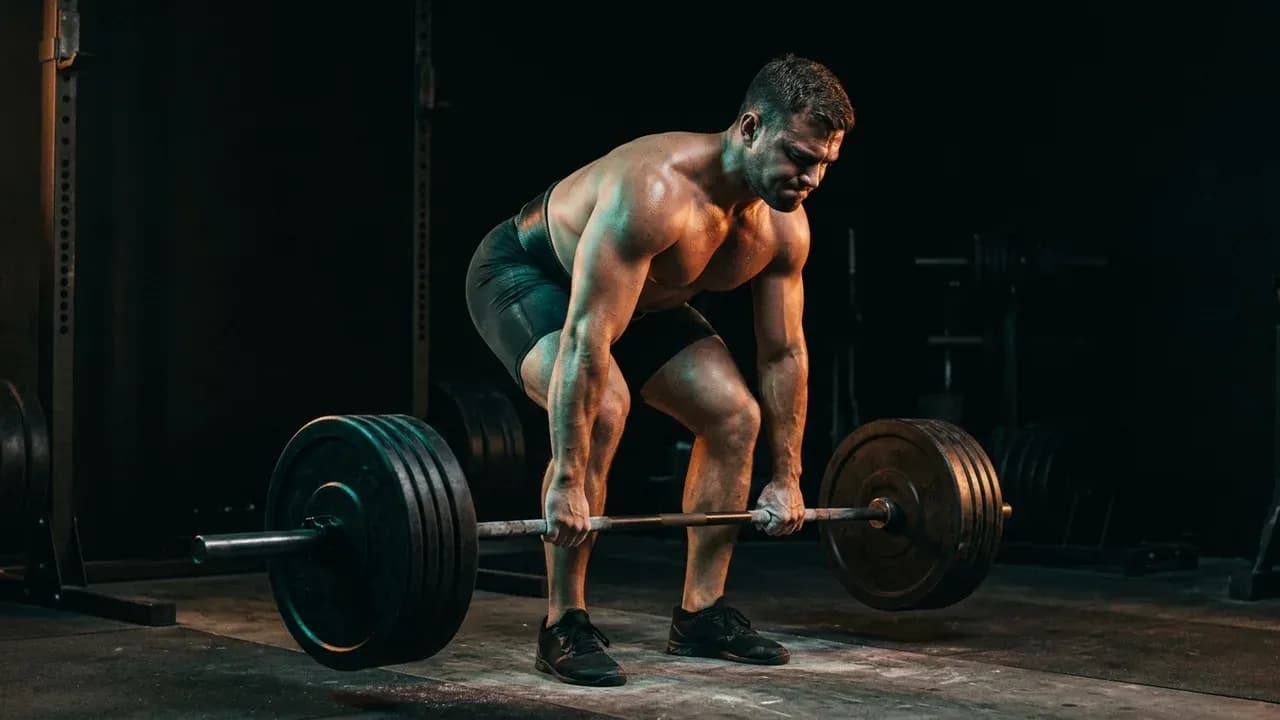 A powerlifter controlling the negative phase of a heavy Romanian deadlift with strict tempo