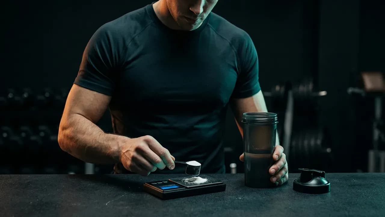 A lifter preparing a pre-workout supplement dosage with precision scales and water shaker.