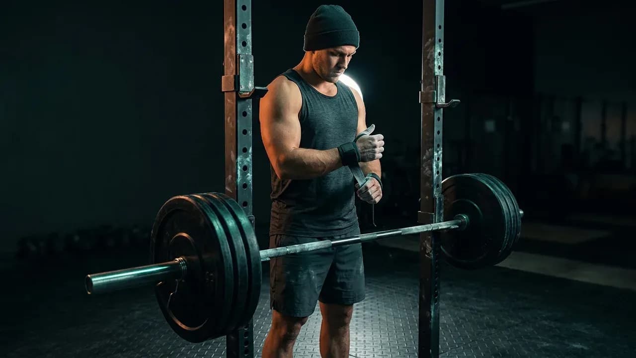 a lifter standing beside a loaded barbell on a power rack, adjusting their wrist wraps between heavy sets