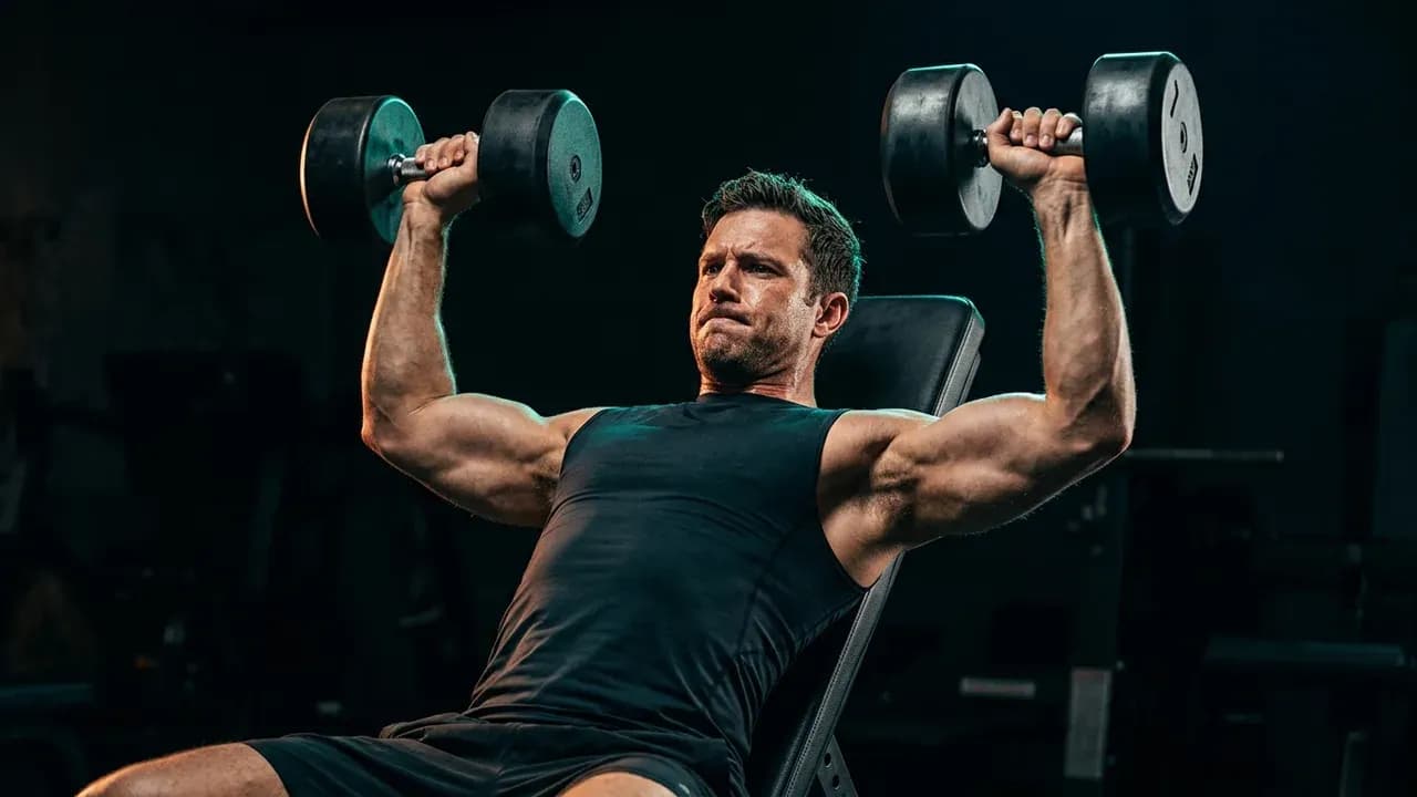 a weightlifter mid-rep on a heavy incline dumbbell press with arms fully extended