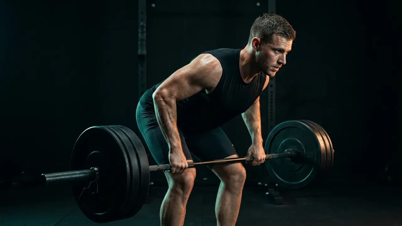 a male athlete performing a heavy bent-over barbell row in a gym