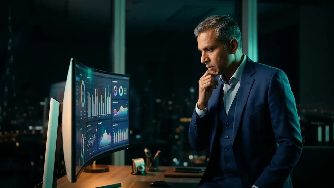 a corporate manager in a Dubai office inspecting quarterly health engagement metrics on a screen