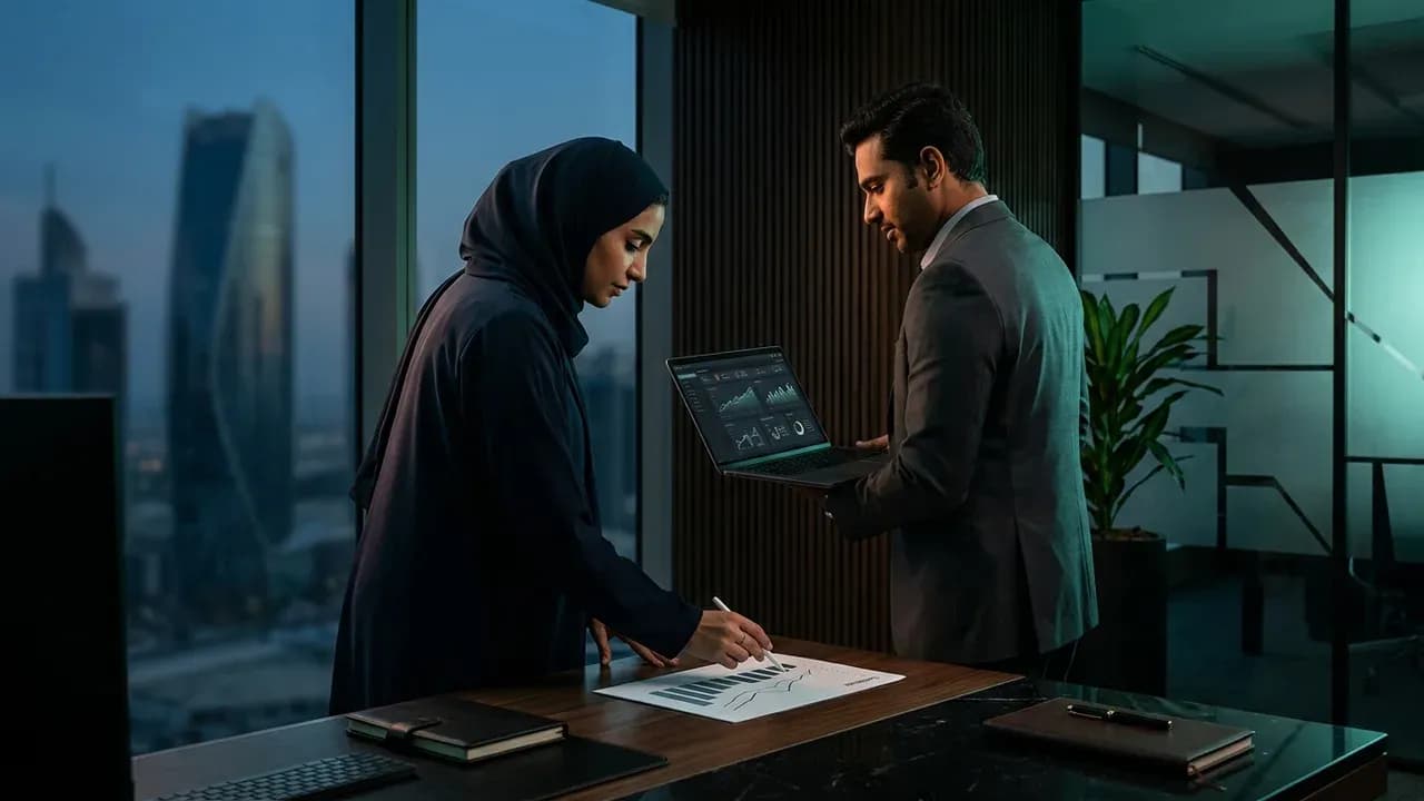 two colleagues in formal office wear reviewing team activity statistics near a desk in Abu Dhabi