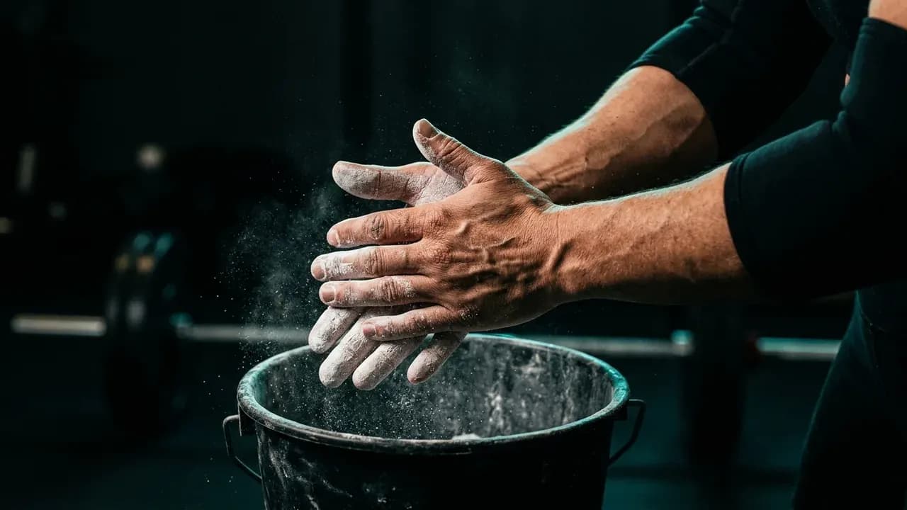 A detailed close-up of a lifter's hands applying chalk before a heavy deadlift, showing intensity and mental focus