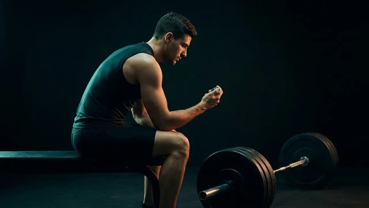a focused male athlete sitting on a flat bench beside a loaded barbell between sets, looking at his stopwatch timer