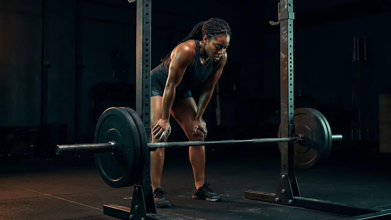 a female athlete standing next to a squat rack resting her hands on her knees, taking deep breaths during an inter-set rest period