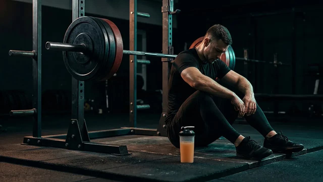 A lifter in a squat rack resting between heavy barbell back squat sets with a water shaker bottle on the rubber platform