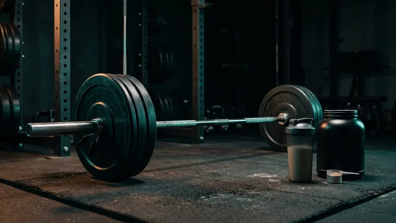A barbell loaded with weight plates resting on a gym floor beside a container of powder and a liquid shaker bottle