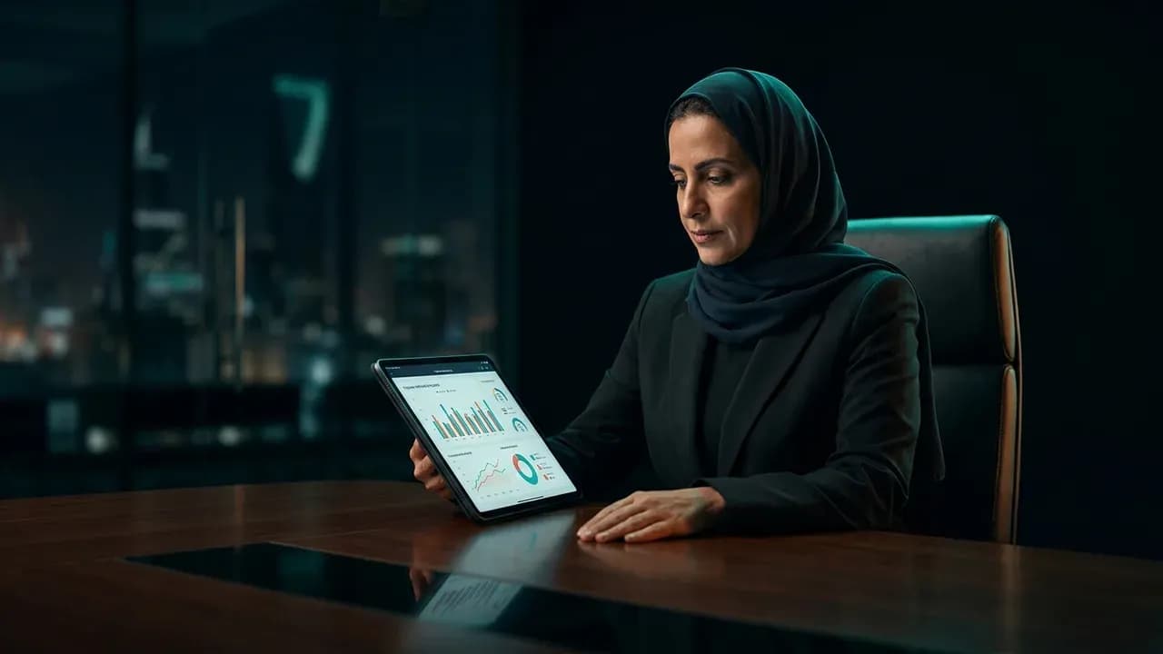an HR director analyzing employee wellness participation charts on an iPad in a Riyadh boardroom