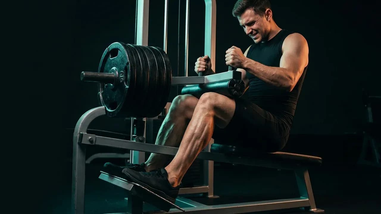 an athlete performing a seated calf raise maintaining maximum ankle dorsiflexion stretch at the bottom of the rep