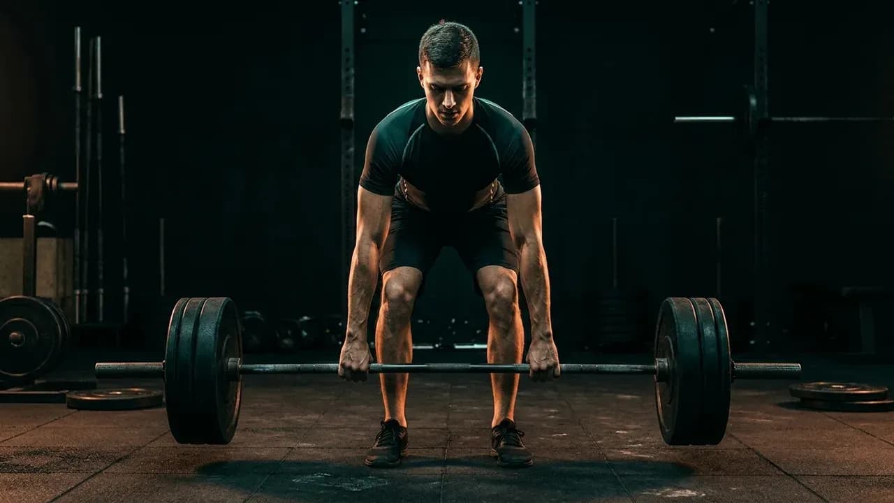 A lean lifter preparing for a heavy barbell deadlift in a dimly lit gym setting
