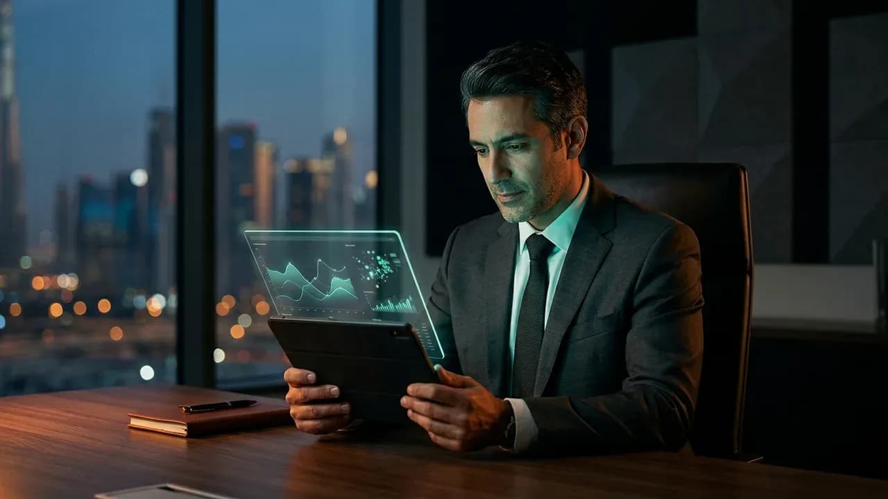 a business executive reviewing biometric risk charts and health insurance policy figures on a tablet in an office