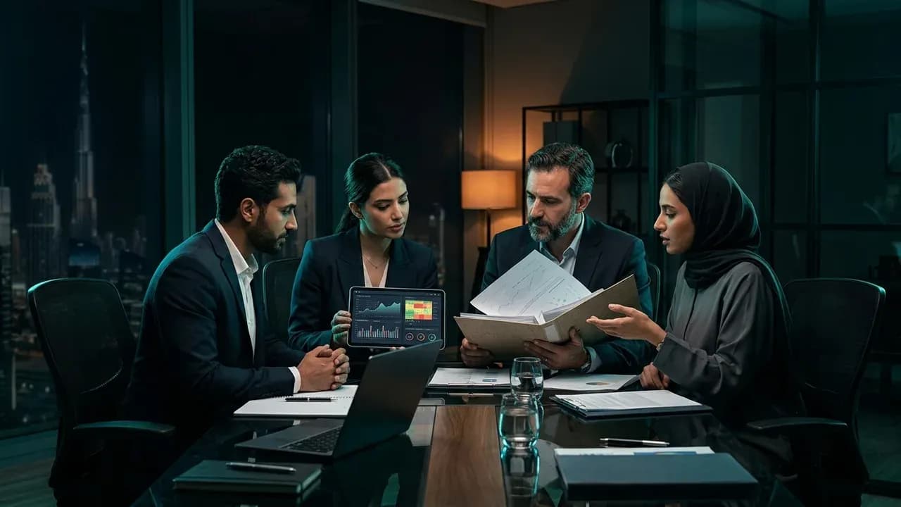 a corporate team in a modern Dubai office building reviewing health metrics and policy documents