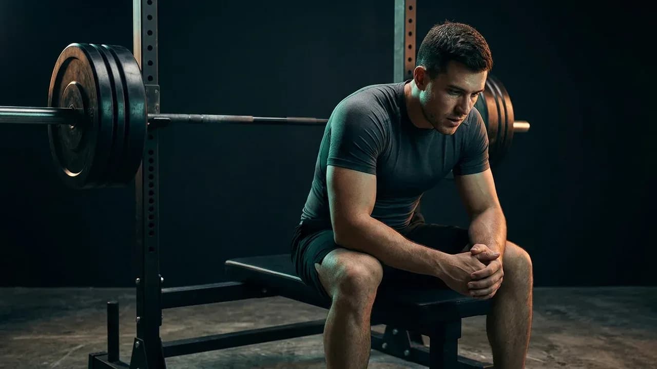 a male lifter sitting on a flat bench with his elbows on his knees resting between heavy barbell squat sets
