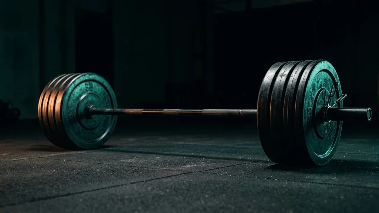 a heavy barbell loaded with calibrated steel plates resting on a rubber gym floor