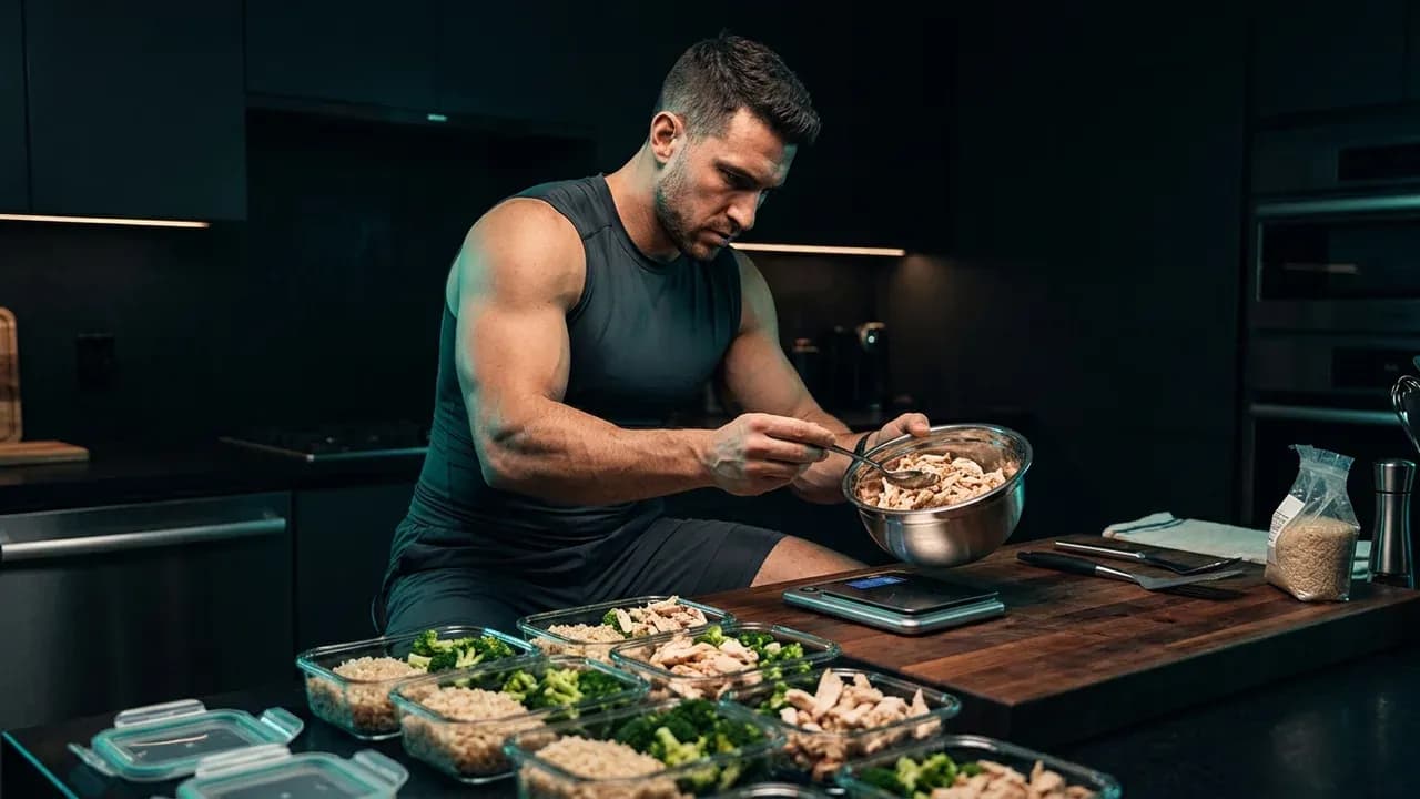 a focused strength athlete measuring portion sizes for high protein meal prep containers in a modern kitchen