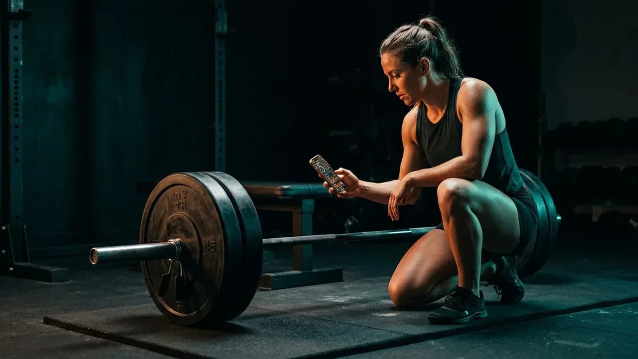 an athlete reviewing macro tracking software on a smartphone beside a loaded barbell
