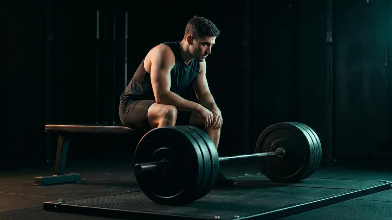 a male athlete sitting on a flat weight bench staring intently at a heavy barbell loaded with iron plates on a rubber platform