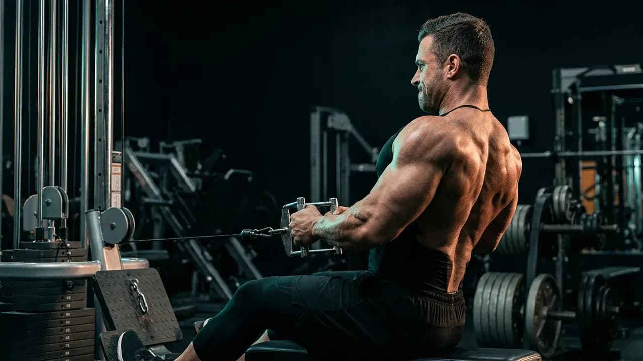 a bodybuilder performing a heavy seated cable row with focused contraction