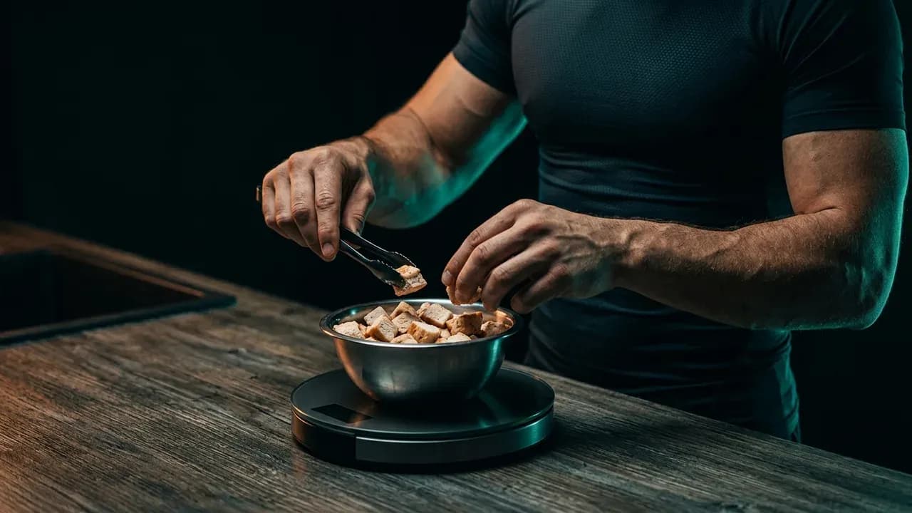 an athlete measuring precise grams of cooked chicken breast on a digital kitchen scale