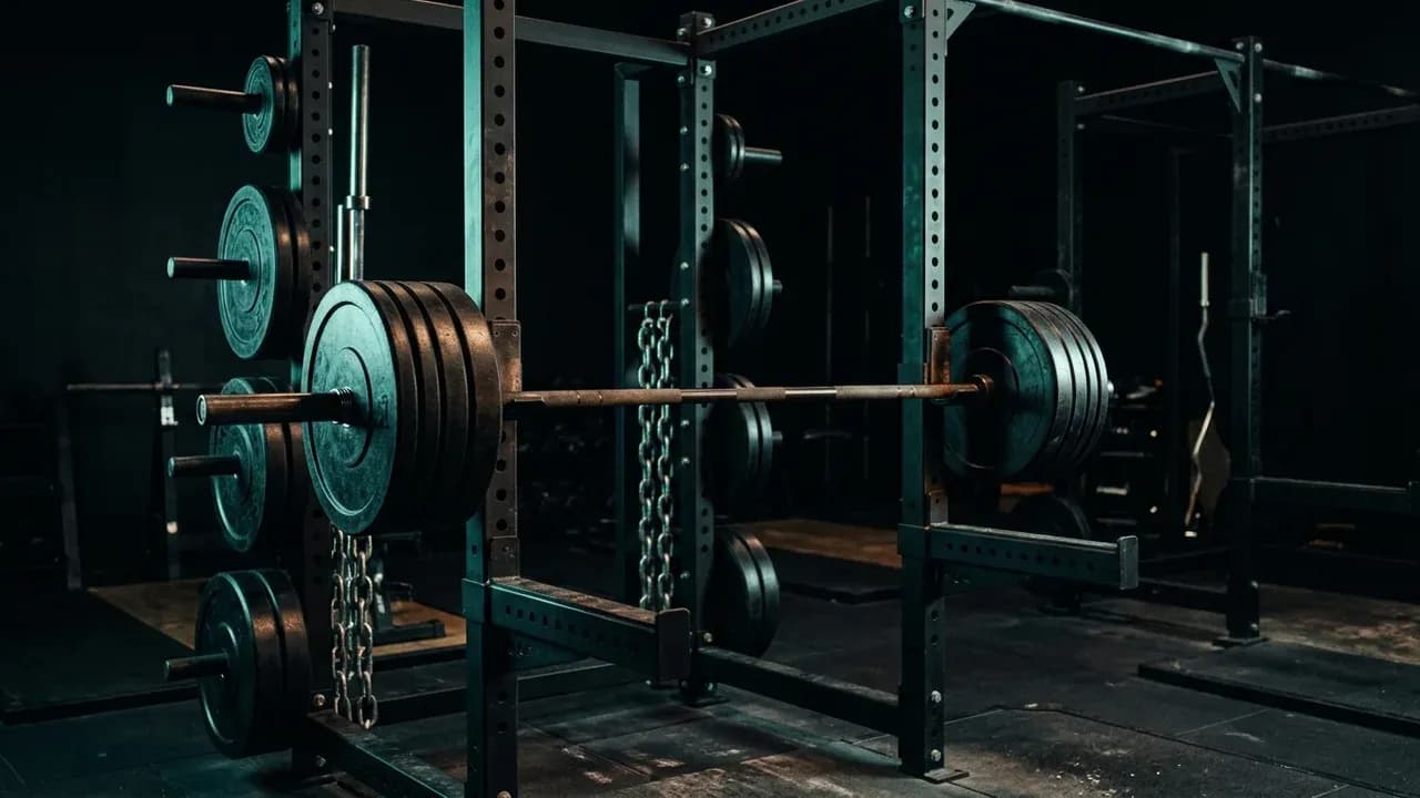 a barbell resting on a rack inside a power cage in a gym